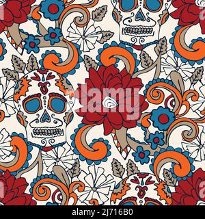 Seamless vector pattern with floral skull on white background. Busy Mexico flower wallpaper design. Decorative Halloween fashion textile. Stock Vector