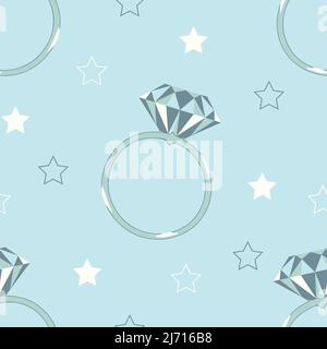 Seamless vector pattern with diamond ring on blue background. Romantic engagement wallpaper design. Decorative proposal fashion textile. Stock Vector