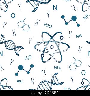 Seamless vector pattern with atoms and DNA on white background. Simple science wallpaper design for children. Decorative chemistry fashion textile. Stock Vector