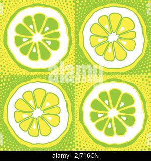 Vector repeat pattern with lemon, citrus, orange. Simple fruit design with yellow and green square background. Pop art style. Stock Vector
