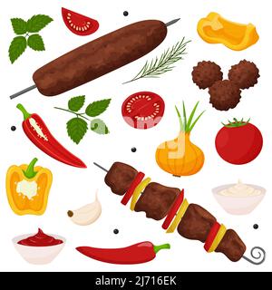 Shish kebab, lula kebab, meatballs. Set of Grilled meat dishes on the coals. Vegetables, sauce, spices, herbs. Ready-made meat food in a flat, cartoon Stock Vector