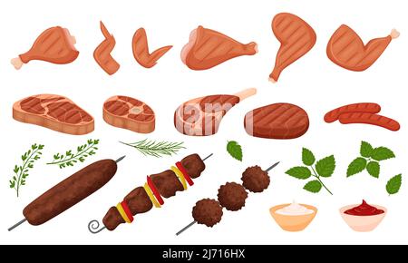 Shish kebab, lula kebab, grilled chicken legs, wings, barbecue beef, sausages, sauces, herbs. Set of Grilled meat dishes. Ready meat food in a flat ca Stock Vector