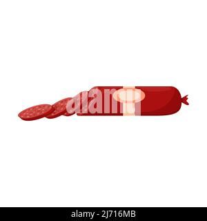 Red smoked sausage. Sausage slicing. Food, ready-made meat dish. Flat style. Color vector illustration isolated on a white background. Stock Vector