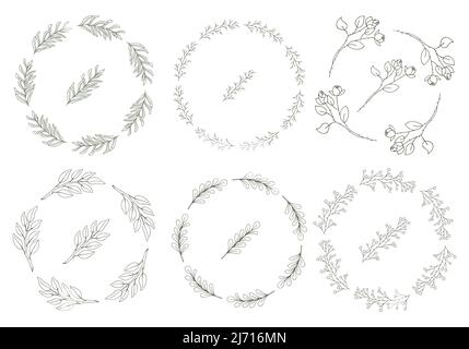Set of 8 round wreaths of hand-drawn twigs with leaves in doodle style. Black and white vector illustrations in cartoon style. Isolated on a white bac Stock Vector