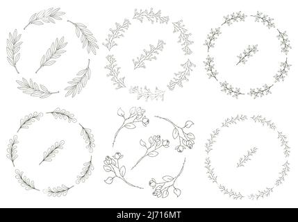 Set of 8 round wreaths of hand-drawn twigs with leaves in doodle style. Black and white vector illustrations in cartoon style. Isolated on a white bac Stock Vector