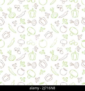 Seamless pattern with vegetables in a linear, hand-drawn style. Summer vegetables. Outline elements. Vector illustration in a flat style. Two-color pa Stock Vector