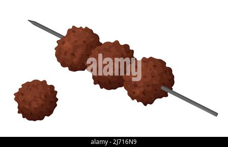 Meatballs fried on a skewer. Food, ready-made meat dish. Flat cartoon style. Color vector illustration isolated on a white background. Stock Vector