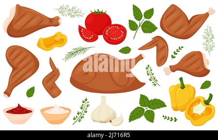 Set of grilled chicken and vegetables.Chicken legs, wings, thighs, whole chicken,tomatoes, peppers,garlic, sauces, leaves, green twigs. Flat cartoon s Stock Vector