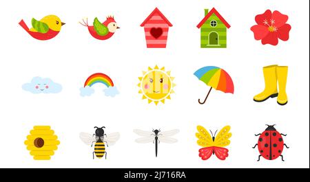 A set of icons on the theme of spring, summer. Color vector illustrations in cartoon style. Isolated on a white background. Stock Vector