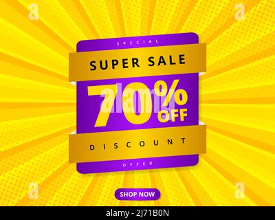 Colorful sale banner discount 70 percent off. Yellow abstract background with super sale 70 percent off offer message. Advertising discount banner Stock Vector