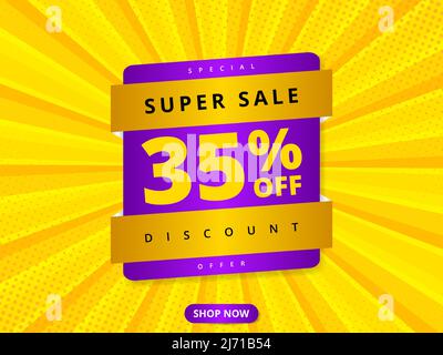 Colorful sale banner discount 35 percent off. Yellow abstract background with super sale 35 percent off offer message. Advertising discount banner Stock Vector