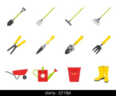 A set of icons. Spring, garden tools, rake, boots, bucket, watering can, wheelbarrow, shovel. Color flat cartoon vector illustrations isolated on a wh Stock Vector