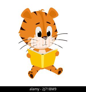 Tiger sits and reads a book. Cute cartoon character. The tiger is the symbol of the year 2022. Vector illustration for children. Isolated on a white b Stock Vector