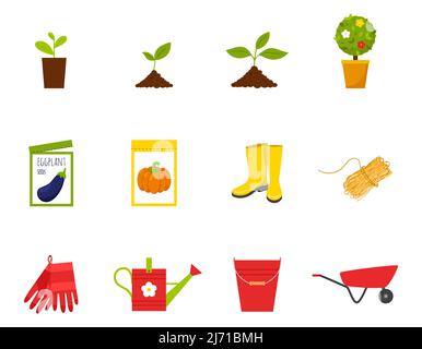 A set of icons. Spring, seedlings, sprouts, young plant, boots, seeds, rope, bucket, gloves, garden tools. Color flat cartoon vector illustrations iso Stock Vector
