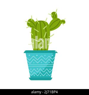Indoor plant, cactus in a blue flowerpot with a pattern. Home flower. Vector illustration in flat cartoon style, isolated on white background Stock Vector