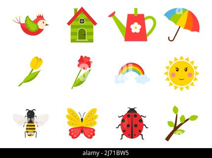 A set of icons on the theme of spring, summer. Insects, birds, tulips, weather, birdhouse.Color vector illustrations in cartoon style. Isolated on a w Stock Vector