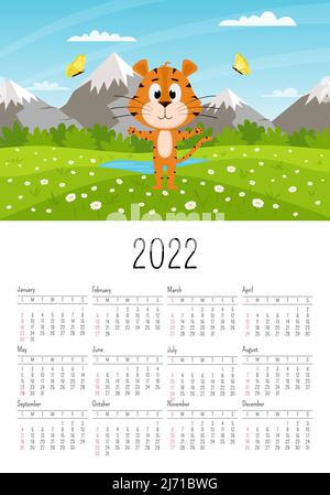The cover of the calendar for 2022. The Year of the Tiger. Tiger in nature. Summer field and butterflies. Calendar grid with months and weeks. A carto Stock Vector
