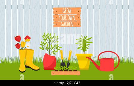 Planters with flowers and seedlings on the background of a wooden fence. Plants in flower pots, rubber boots, watering can shovel. Grow your garden. F Stock Vector