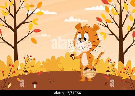 Cute cartoon tiger collects mushrooms in the forest. Autumn landscape. The symbol of the year. Animal character. Color vector illustration for kids.Fl Stock Vector