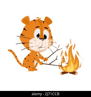 Tiger roasts marshmallows on a wood fire. Cute cartoon character. The tiger is the symbol of the year 2022. Vector illustration for children. Isolated Stock Vector