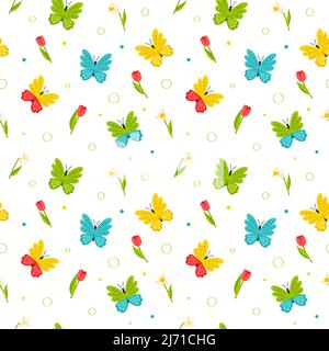 Seamless pattern with bright colorful butterflies and red tulips and daffodils. Bright spring, summer pattern. Simple color flat cartoon vector illust Stock Vector