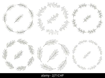 Set of 8 round wreaths of hand-drawn twigs with leaves in doodle style. Black and white vector illustrations in cartoon style. Isolated on a white bac Stock Vector
