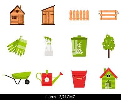 A set of icons. Spring, garden tools, shed, gloves, fertilizer, water sprayer, fence, box, bucket. Color flat cartoon vector illustrations isolated on Stock Vector