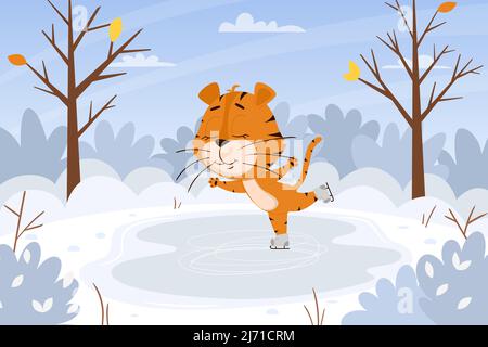 Cute cartoon tiger is skating on the ice rink in the forest. Winter landscape. The symbol of the year. Animal character. Color vector illustration for Stock Vector