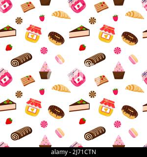 Seamless pattern with sweet food, confectionery, honey, donuts, jam, macaroons, bagels. Bright delicious colored flat cartoon vector elements on a whi Stock Vector