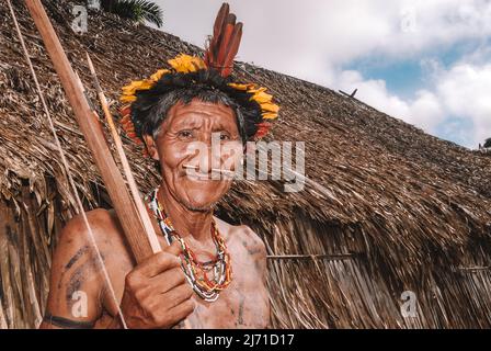 Indigenous man wearing a headdress know as cocar, leader of Arara do ...