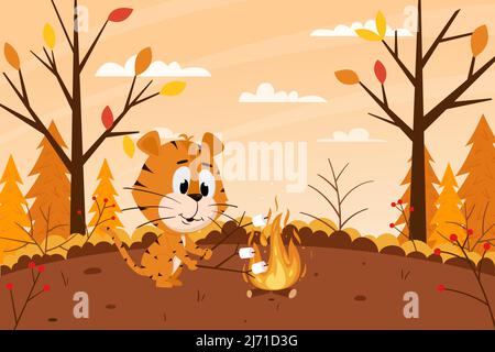 Cute cartoon tiger roasts marshmallows on a campfire in the forest. Autumn landscape. The symbol of the year. Animal character. Color vector illustrat Stock Vector