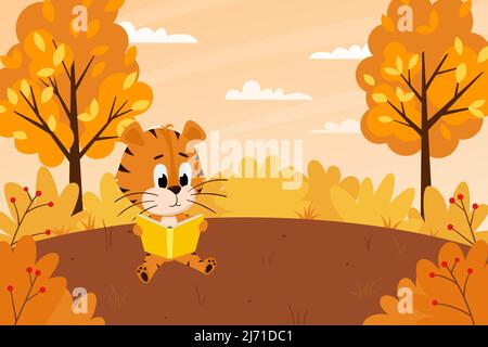 A cute cartoon tiger is sitting under a tree reading a book. Autumn landscape. The symbol of the year. Animal character. Color vector illustration for Stock Vector