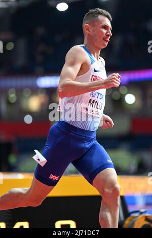 George Mills participating in the Belgrade 2022 World Indoor Championships in the 1500 meters. Stock Photo