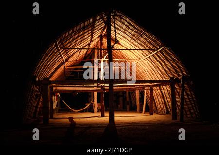 Traditional housing structure of the Asurini tribe of Baixo Amazonas in the Brazilian Amazon Stock Photo