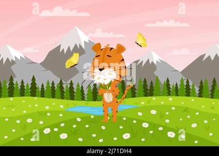 Cute cartoon tiger sniffs flowers on the background of mountains and fields. Spring landscape. The symbol of the year. Animal character. Color vector Stock Vector