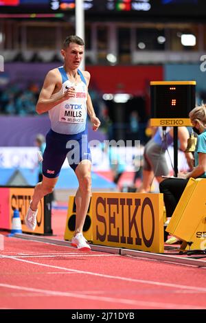 George Mills participating in the Belgrade 2022 World Indoor Championships in the 1500 meters. Stock Photo