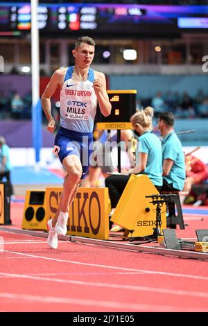 George Mills participating in the Belgrade 2022 World Indoor Championships in the 1500 meters. Stock Photo