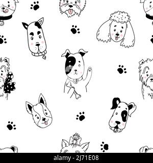 Linear Seamless pattern with portraits of cute domestic dogs of different breeds on white background with paw prints. Vector illustration in hand draw Stock Vector