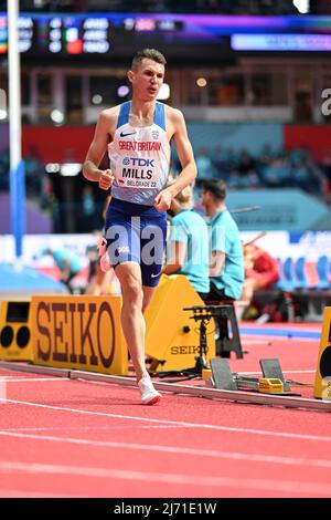 George Mills participating in the Belgrade 2022 World Indoor Championships in the 1500 meters. Stock Photo