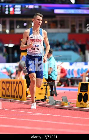 George Mills participating in the Belgrade 2022 World Indoor Championships in the 1500 meters. Stock Photo