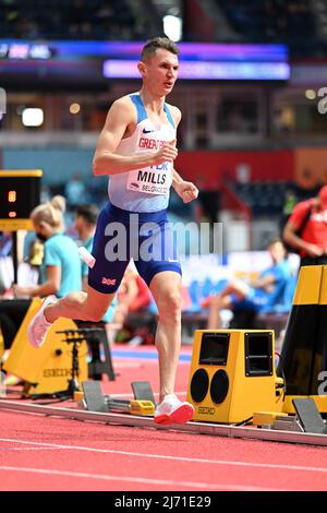 George Mills participating in the Belgrade 2022 World Indoor Championships in the 1500 meters. Stock Photo