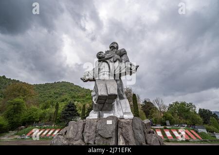 Dilijan, Armenia - May 4, 2022 - Dramatic clouds formation moving behind the Monument to the Great Patriotic War in Dilijan, Armenia Stock Photo