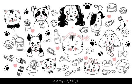 Big collection of pets and their belongings. Cute dog and cat characters, toys and paw prints, food and feed. Vector illustration. Isolated linear han Stock Vector