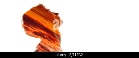 Conceptual image. Silhouette of young transparent man and sunset landscape isolated over white background Stock Photo
