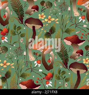 Mushroom forest botanical drawing autumn natural seamless pattern. Vector illustration Stock Vector