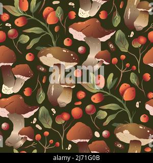 Mushroom forest botanical drawing autumn natural seamless pattern. Vector illustration Stock Vector