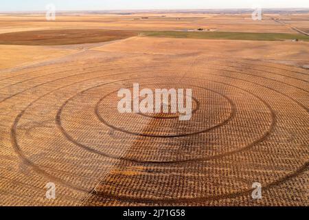 Turpin, Oklahoma - Center pivot irrigation equipment in early spring on a farm in the Oklahoma panhandle. Stock Photo