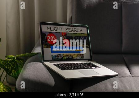 flight search on internet website, travel planning concept, airplane tickets online. Stock Photo
