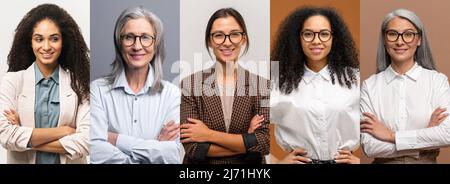 Collage banner with photos of confident businesswomen in smart casual wear, several ambitious diverse women office employees standing with arms crossed isolated Stock Photo