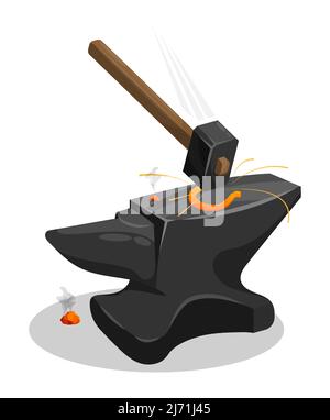 Blacksmith hammer hits horseshoe on anvil. Working in metal workshop. Cartoon vector isolated on white background Stock Vector